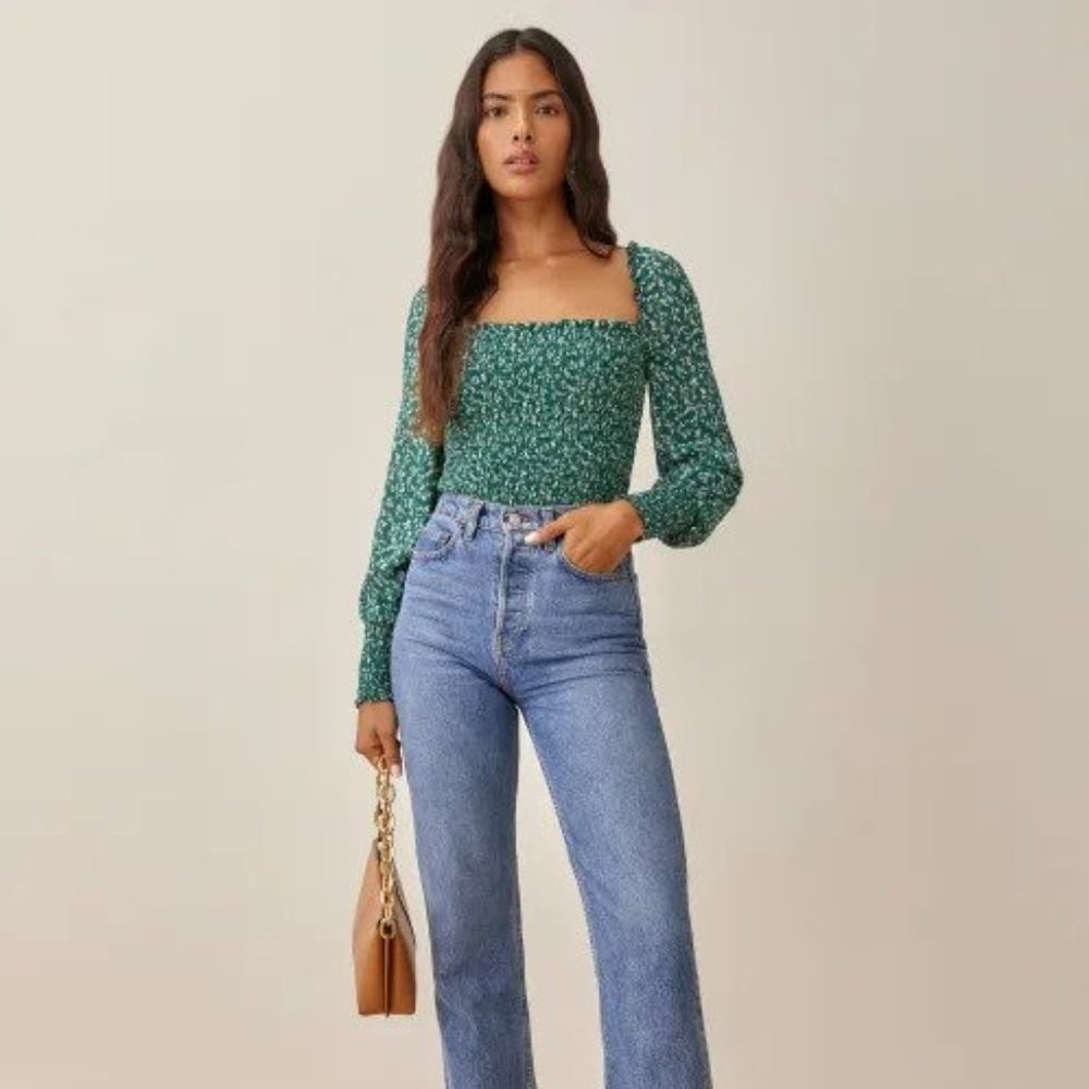 Reformation Smocked Pinto Top, Parsley - XS